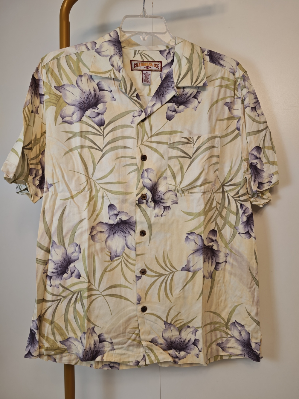 Floral Hawaiian Caribbean Joe Mens Cream Purple Rayon Camp Shirt Medium